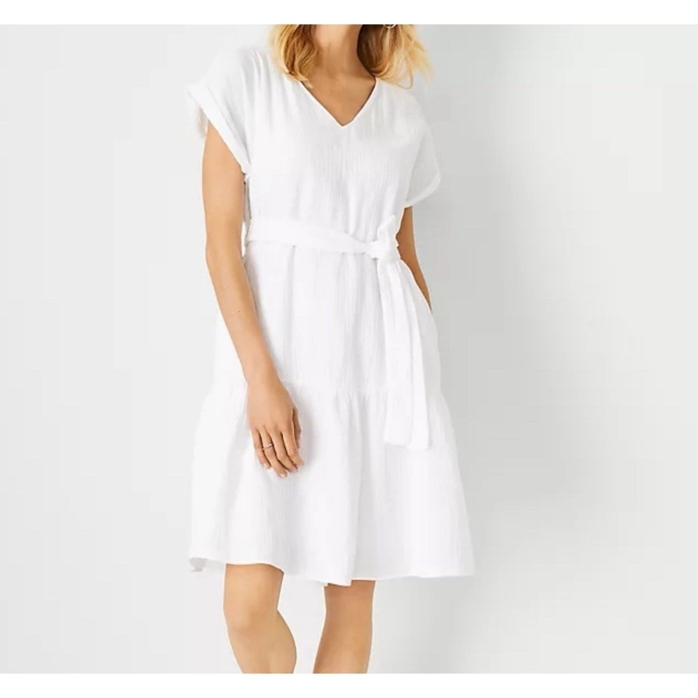 Ann Taylor White Cotton Gauze Pocket Flare Dress Womens S Tie-Belt Lined V-Neck